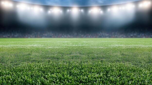 vibrante fútbol campo iluminado por estadio reflectores, Listo para emocionante partido foto