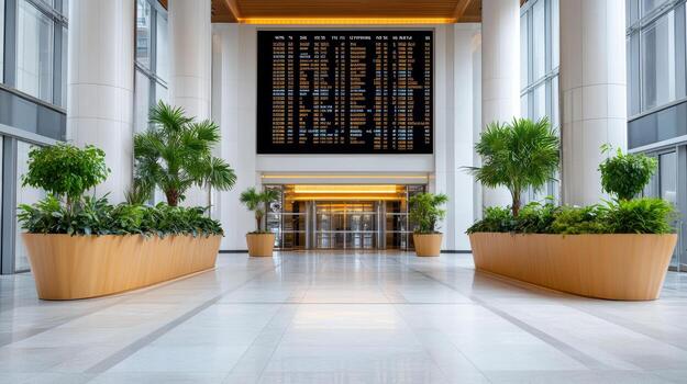 Modern lobby with large ticker display, plants, and elegant design creates welcoming atmosphere photo