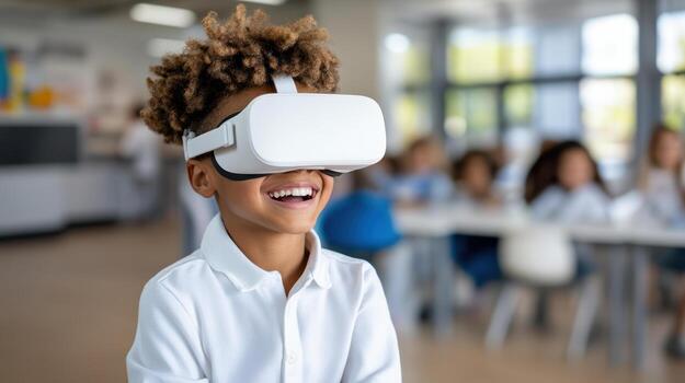 Child wearing virtual reality goggles smiles joyfully classroom setting, engaging immersive photo