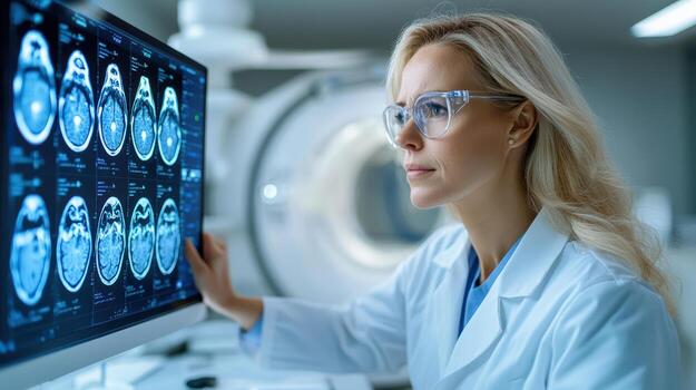 Medical imaging analysis professional examining brain scans photo