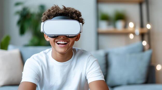 Teenager enjoying virtual reality experience with headset, smiling joyfully photo