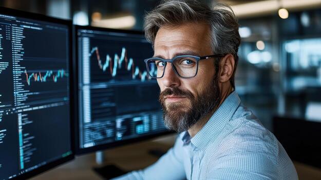 Professional trader analyzing data on multiple monitors with financial charts and graphs photo