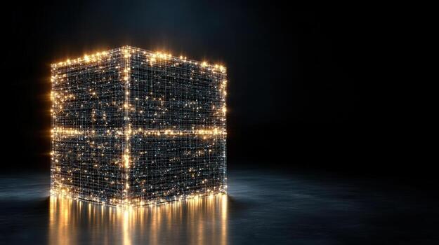 A cube made of glowing lights on a dark background photo