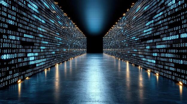 A long hallway with many binary code lights photo