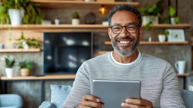 A smiling man with glasses and a sweater is using a tablet photo