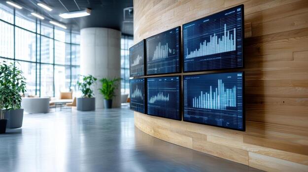A large wall with several monitors showing graphs photo