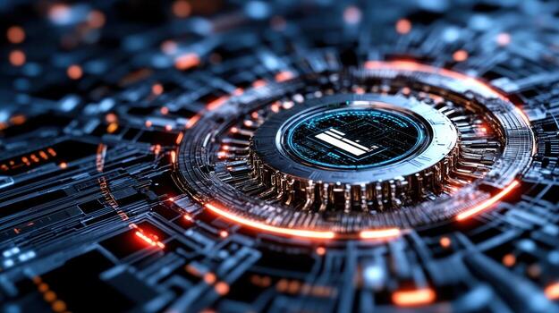 un futurista computadora circuito tablero con un azul y rojo antecedentes foto