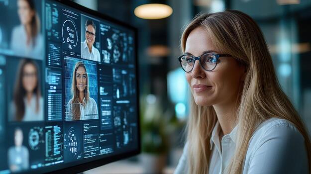 A woman in glasses is looking at a computer screen with multiple people on it photo