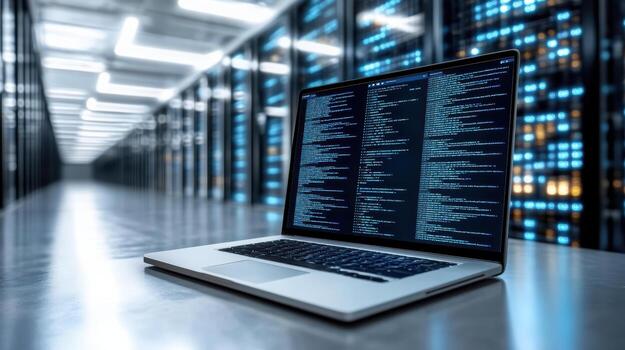 Laptop in data center with code on screen photo