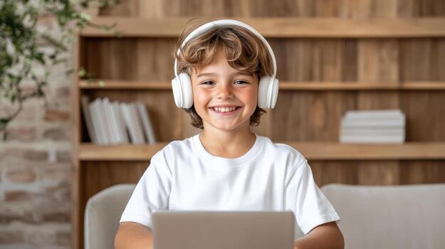 A boy with headphones on smiling while using a laptop photo