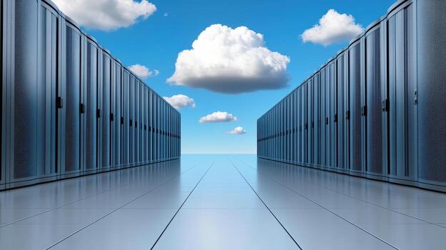 A row of servers with clouds in the sky photo