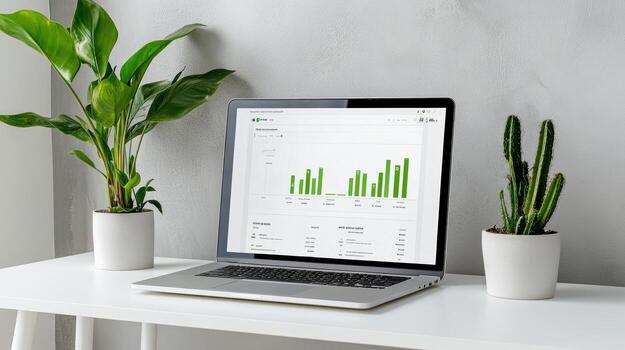 A laptop on a desk with a green bar chart on it photo