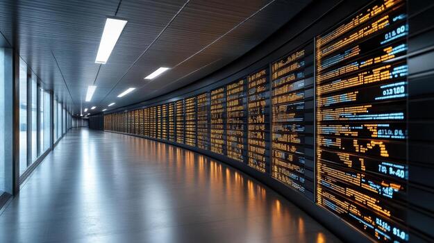 An empty hallway with many electronic displays photo