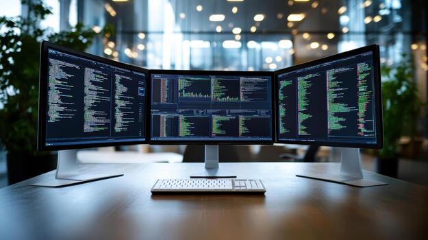 Three computer monitors on a desk photo