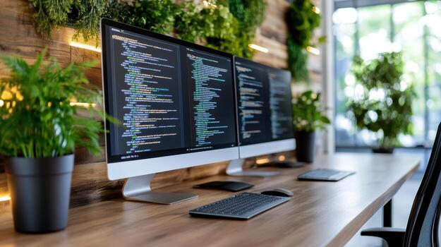 Two computer monitors on a desk with plants photo