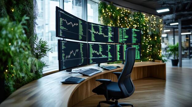 un escritorio con Tres monitores y un silla foto