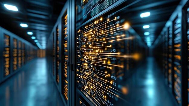 Data center network architecture with data lines and lights photo