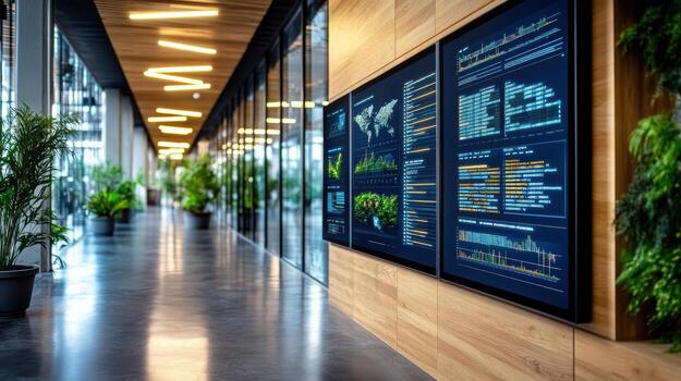 A hallway with plants and a large screen photo