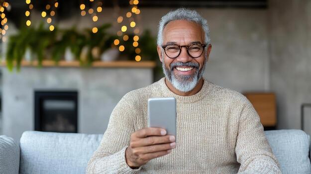 An older man with glasses and a sweater is using his phone photo