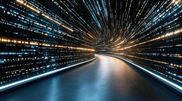 A tunnel with many lights and data lines photo
