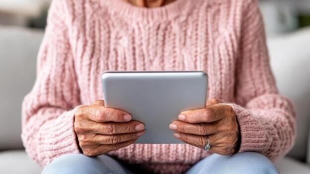 An elderly woman is using a tablet computer photo