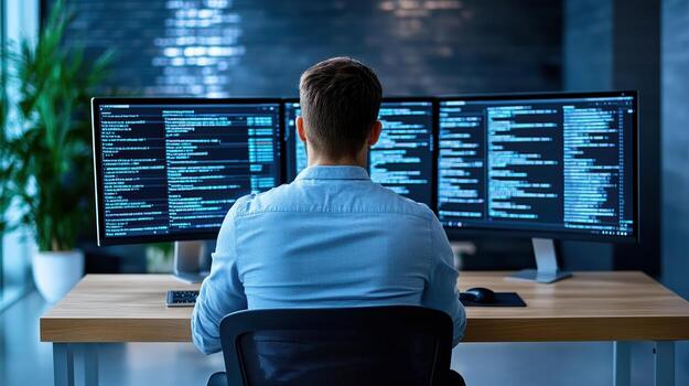 A man sitting at a desk with two computer screens photo
