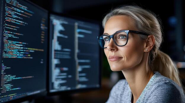 A woman wearing glasses and looking at computer code photo