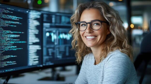 A woman in glasses is smiling in front of a computer screen photo
