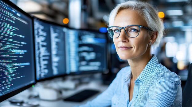 A woman in glasses sitting at a computer with code on the screen photo