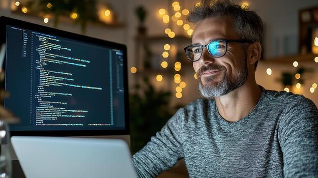 A man with glasses and a sweater is working on a computer photo