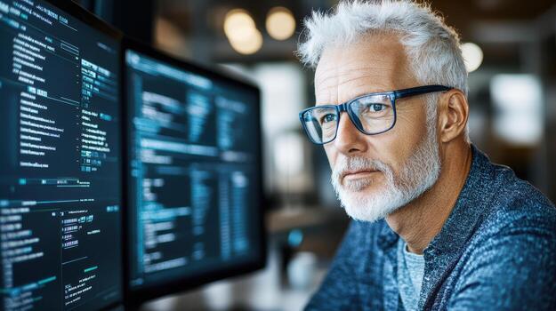 An older man with glasses looking at a computer screen photo