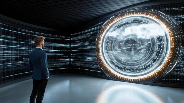 A man in a suit stands in front of a large digital clock photo