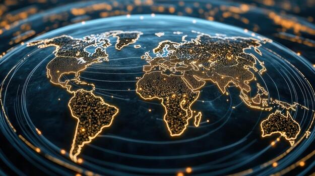 The world map is shown on a network of lines photo