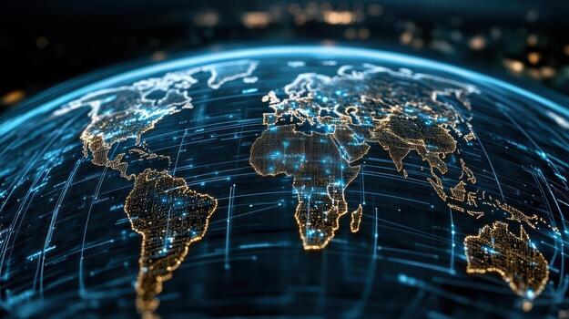 The world map is shown on a networked world stock photo