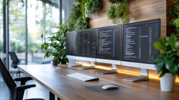 Three computer monitors on a desk with plants photo