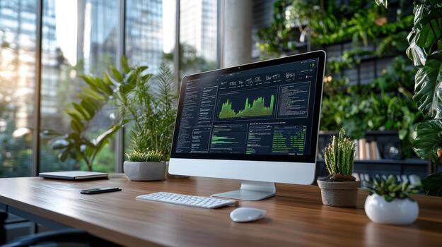 A computer monitor on a desk with a plant in front of it photo