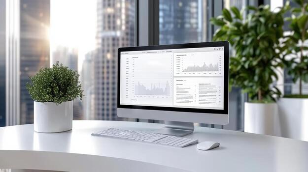 A modern desktop computer with a monitor and a plant on a desk in front of a window with photo
