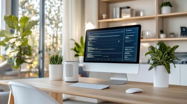 A computer monitor on a desk with a keyboard and mouse photo