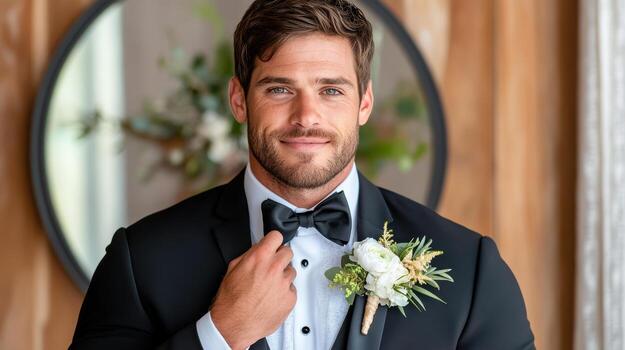 A man in a tuxedo adjusting his tie photo