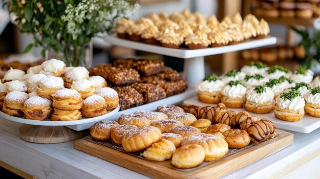 A table with various pastries and cakes photo