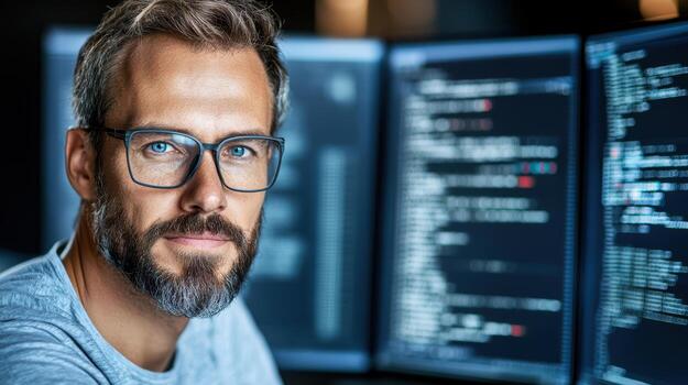 A man with glasses and beard in front of computer screens photo