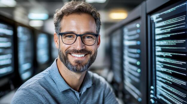 A man with glasses and a beard is smiling in front of computer screens photo