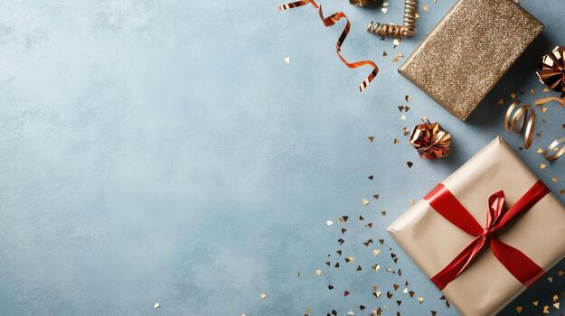 Christmas gift boxes and ribbons on blue background photo