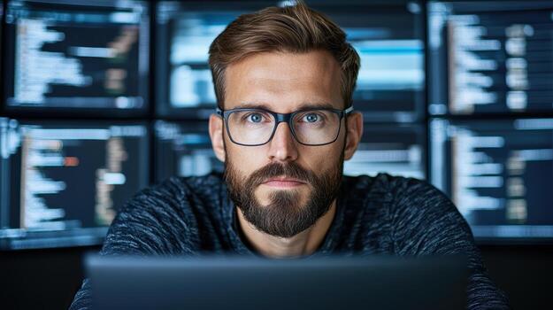 A man with glasses and a beard is looking at a laptop screen photo