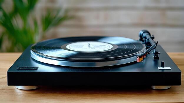 A turntable on a wooden table with a record on it photo