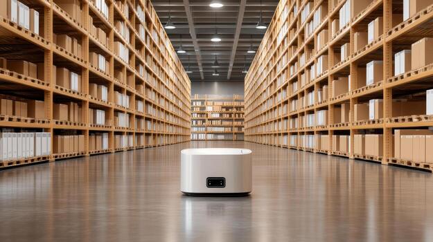 A robot in a warehouse aisle with shelves photo