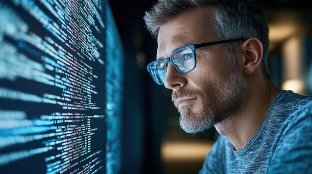 A man in glasses looking at a computer screen with code on it photo