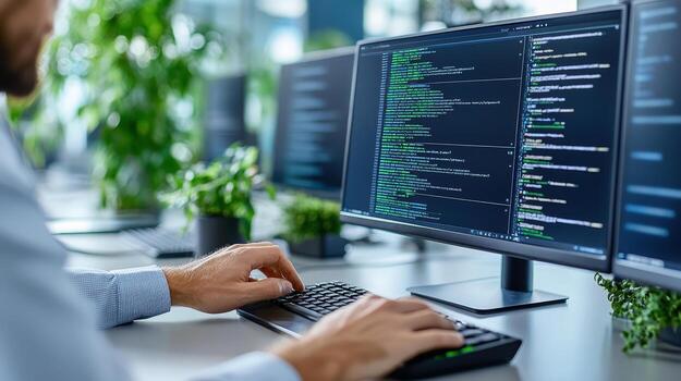 A man is typing on a keyboard in front of two computer monitors photo