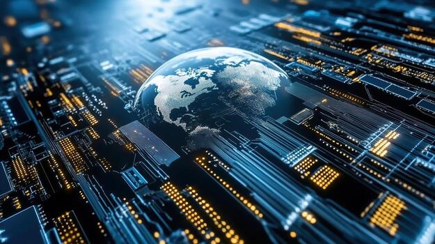 The earth is surrounded by a network of electronic circuits photo