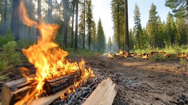 A fire burns in the forest with trees and logs photo
